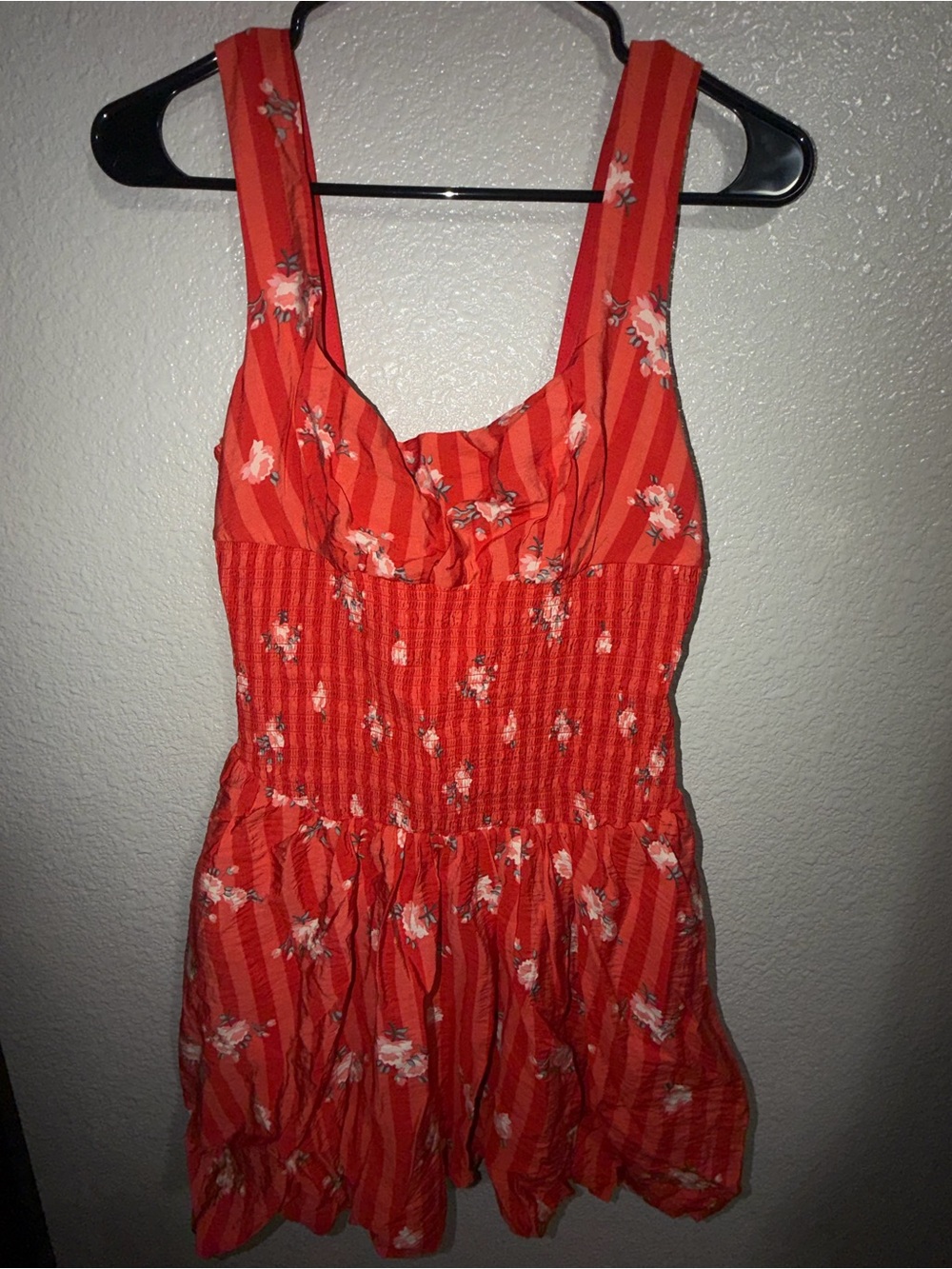 Anthropologie Coral Red Floral Striped Smocked Bubble Hem Mini Dress - Size S